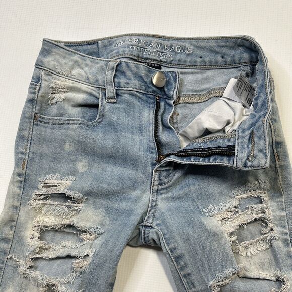 American Eagle 00 Hi Rise Jegging 360 Super Stretch Destroyed Denim Jeans 23x28 - Picture 9 of 16